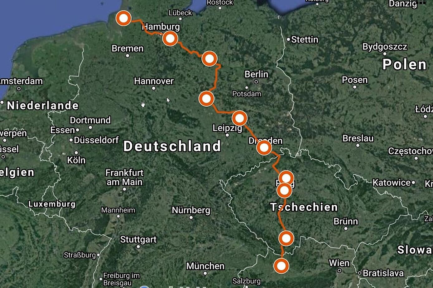 Elbe Moldau 2003 Route GMaps