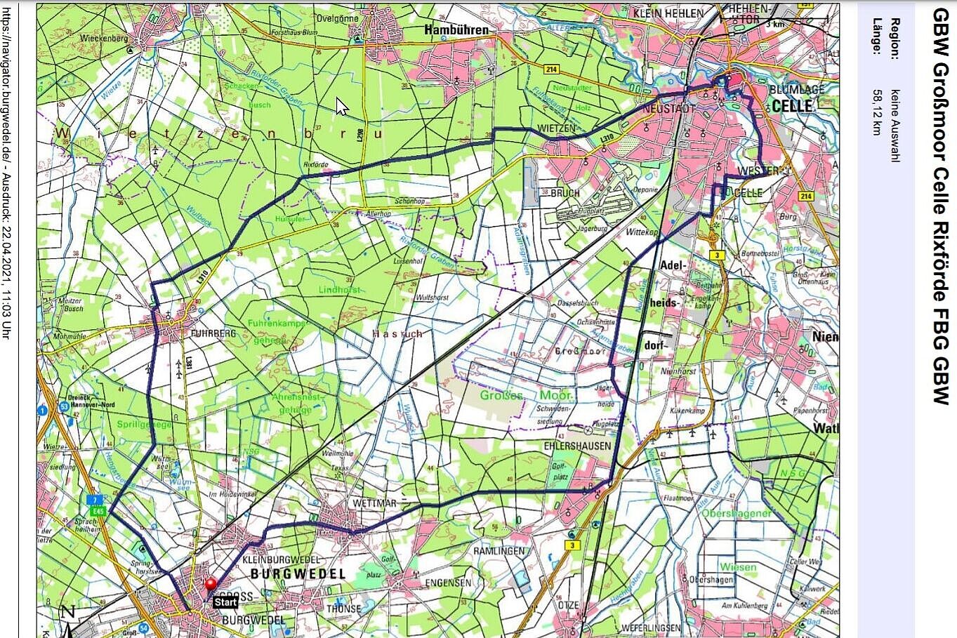 Großmoor Celle Rixförde Route