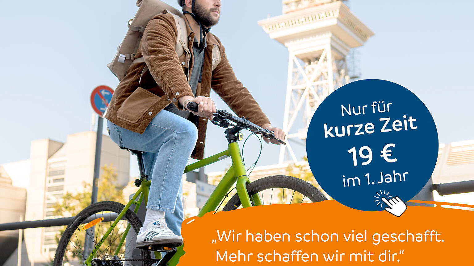 Mann auf Fahrrad mit Werbetext für ADFC-Eintiegsmitgliedschaft für 19 Euro